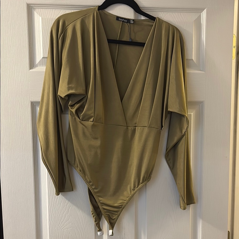 Boohoo Green Asymmetrical Wrap Bodysuit